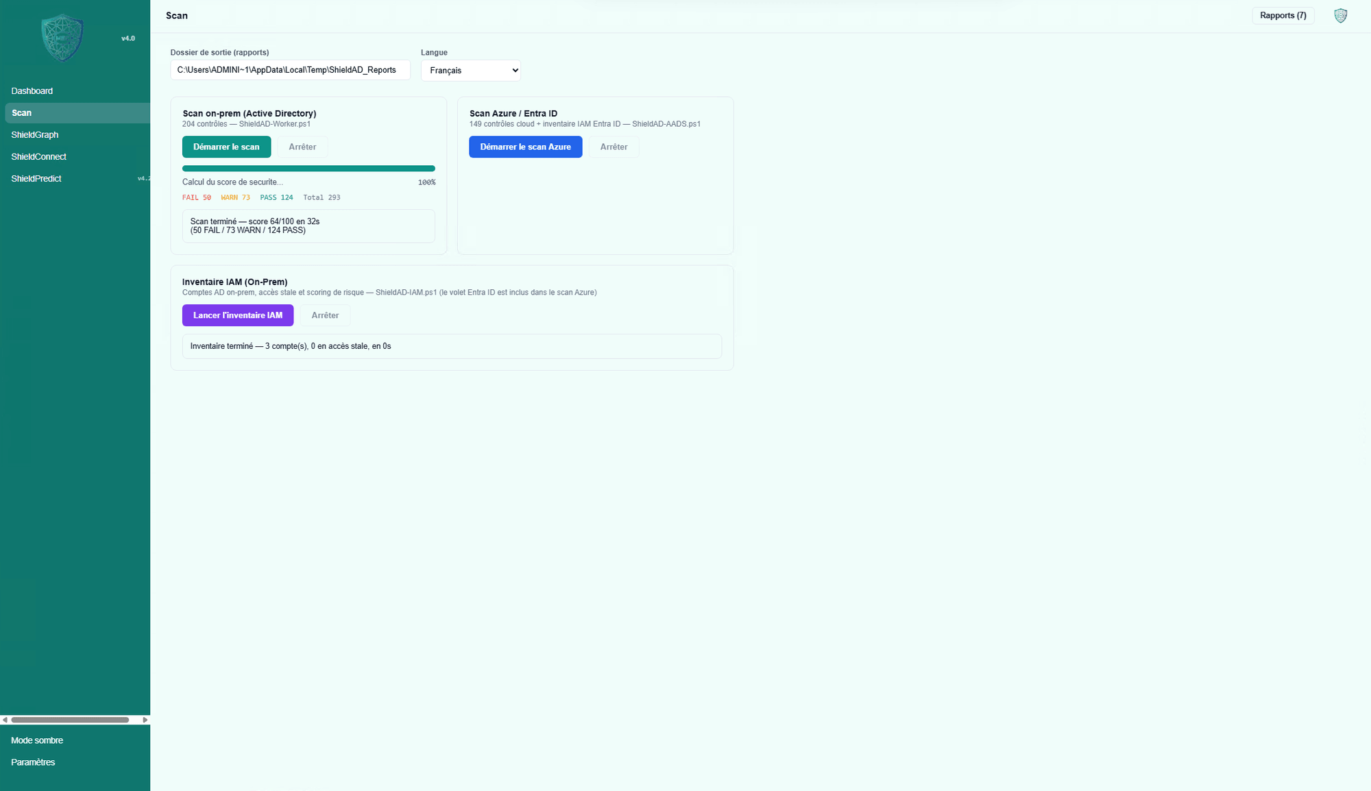 ShieldAD scan screen launching an on-premises Active Directory scan and an Azure/Entra ID scan, plus IAM access inventory