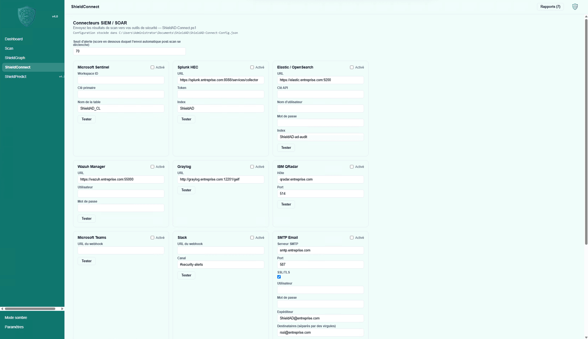ShieldConnect SIEM/SOAR integration screen with connectors for Microsoft Sentinel, Splunk, Elastic, Wazuh, Graylog, IBM QRadar, Teams and Slack